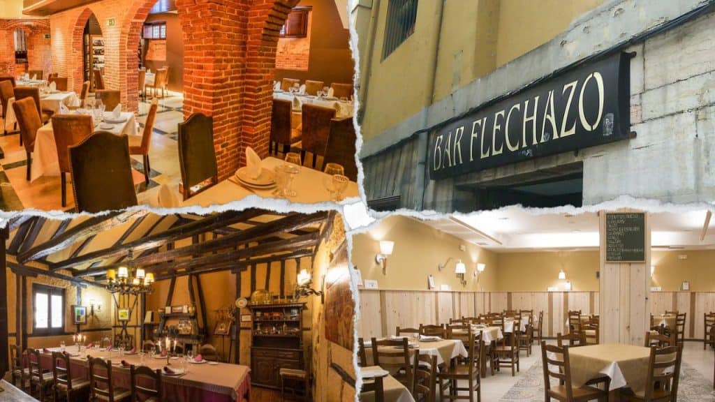 Restaurantes económicos en León: interiores de bares y tabernas típicas como El Flechazo y otros locales donde comer barato y bien.