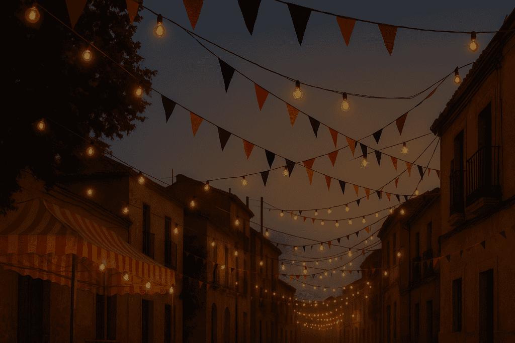 Calle de pueblo decorada con luces y banderines para las fiestas de verano en León - Fiestas del Carmen Vega de Espinareda 2025